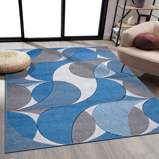 Geometric Hand Carved Rugs Blue (Ken)