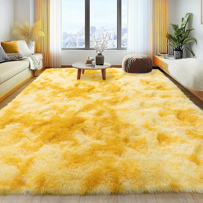 Soft Fluffy Rug for Living Room Tie-Dyed Yellow Shag Area Rug