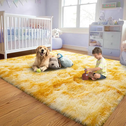 Soft Fluffy Rug for Living Room Tie-Dyed Yellow Shag Area Rug