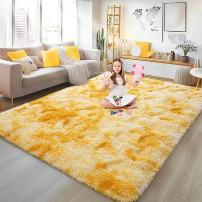 Soft Fluffy Rug for Living Room Tie-Dyed Yellow Shag Area Rug
