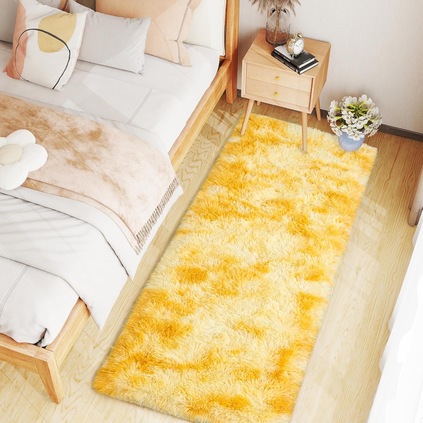 Soft Fluffy Rug for Living Room Tie-Dyed Yellow Shag Area Rug