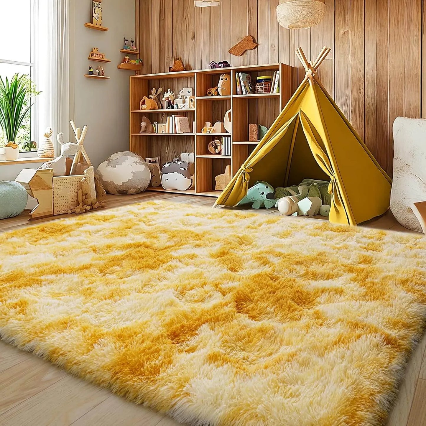 Soft Fluffy Rug for Living Room Tie-Dyed Yellow Shag Area Rug