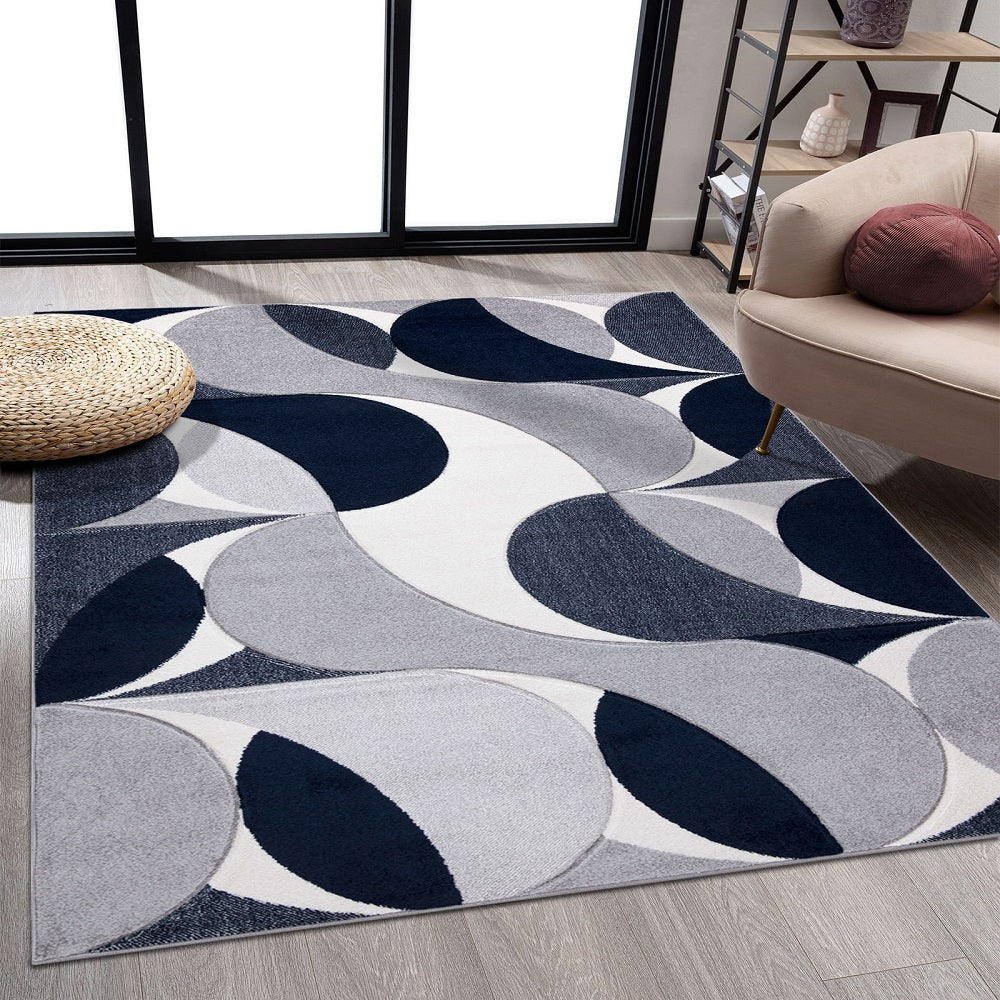 Geometric Hand Carved Rugs Navy (Ken)