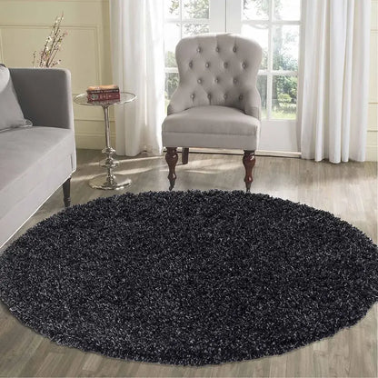 soft anthracite round shaggy rug in a modern living room