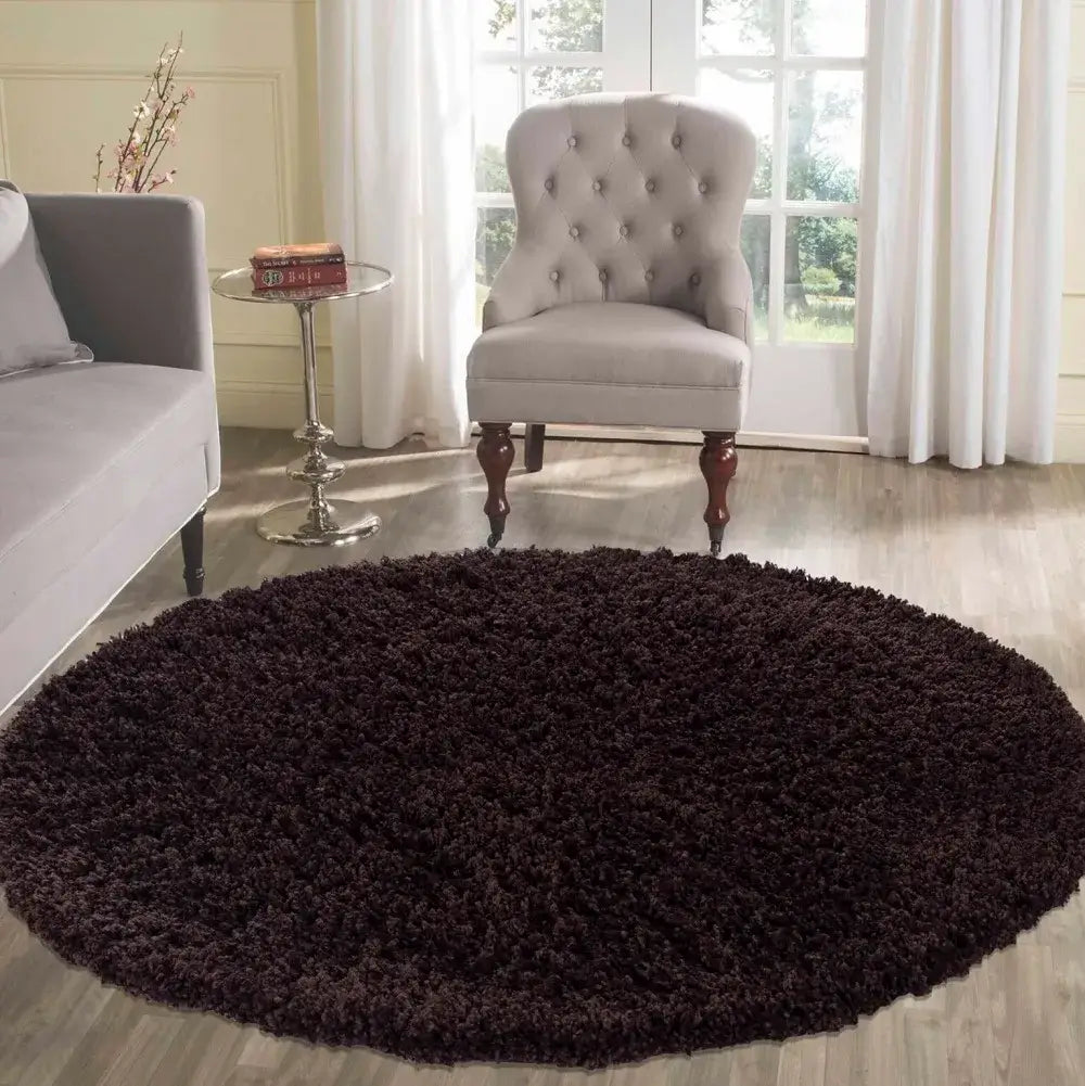 soft brown round shaggy rug in a modern living room