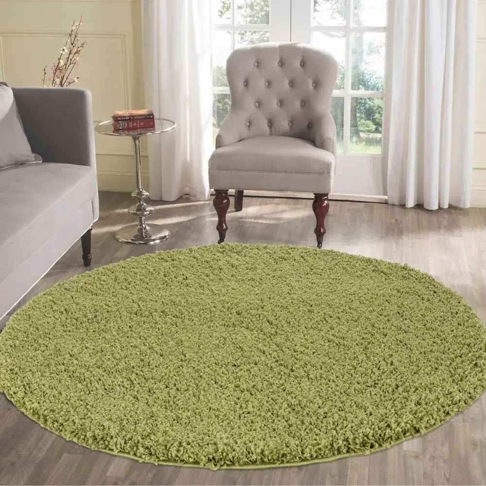 soft green round shaggy rug in a modern living room
