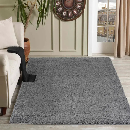 soft dark grey shaggy rug in a modern living room