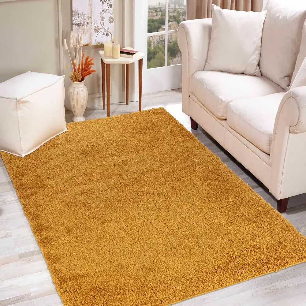 side view of soft gold shaggy rug in a modern living room