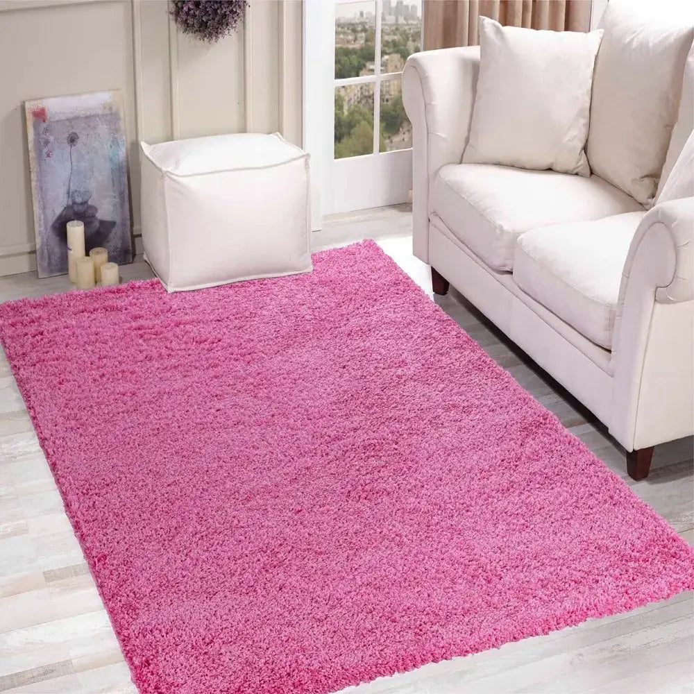 side view of soft pink shaggy rug in a modern living room