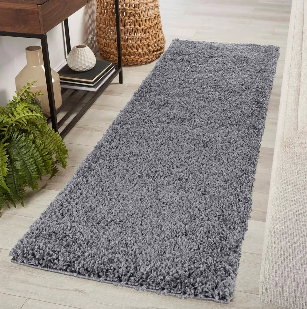 soft dark grey shaggy runner rug in a modern living room