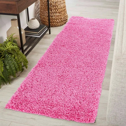 soft pink shaggy runner rug in a modern living room