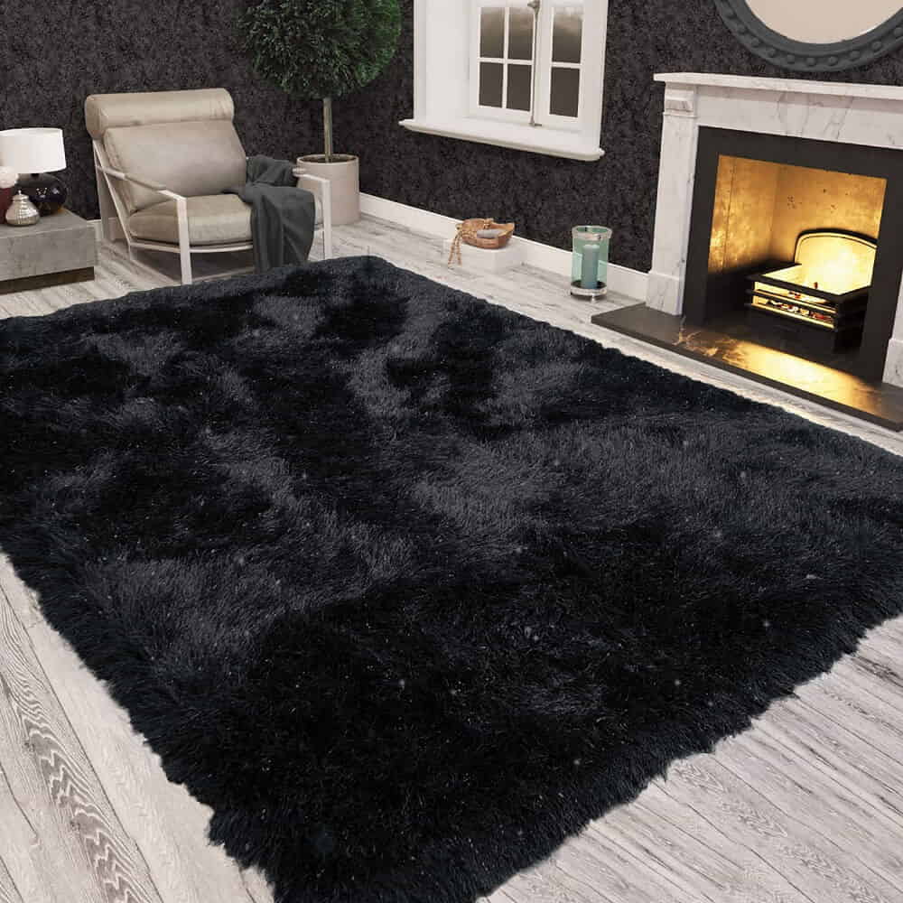 Shimmer Shaggy Fluffy Rugs Black (Nat)