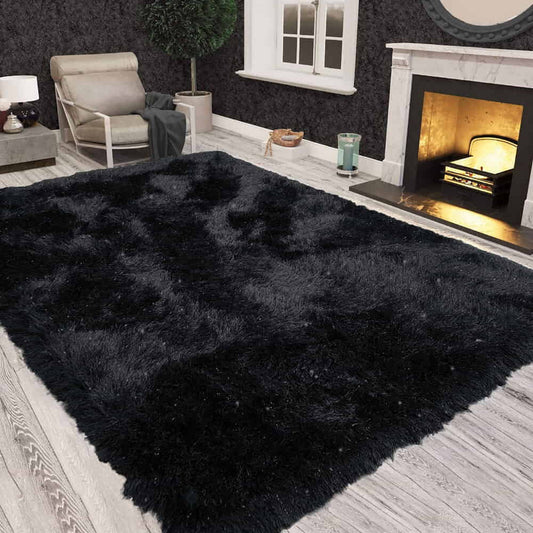 Shimmer Shaggy Fluffy Rugs Black (Nat)