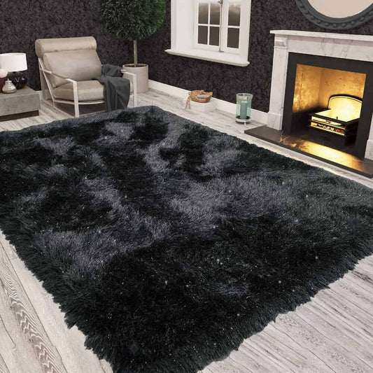 Shimmer Shaggy Fluffy Rugs Black & Grey (Nat)