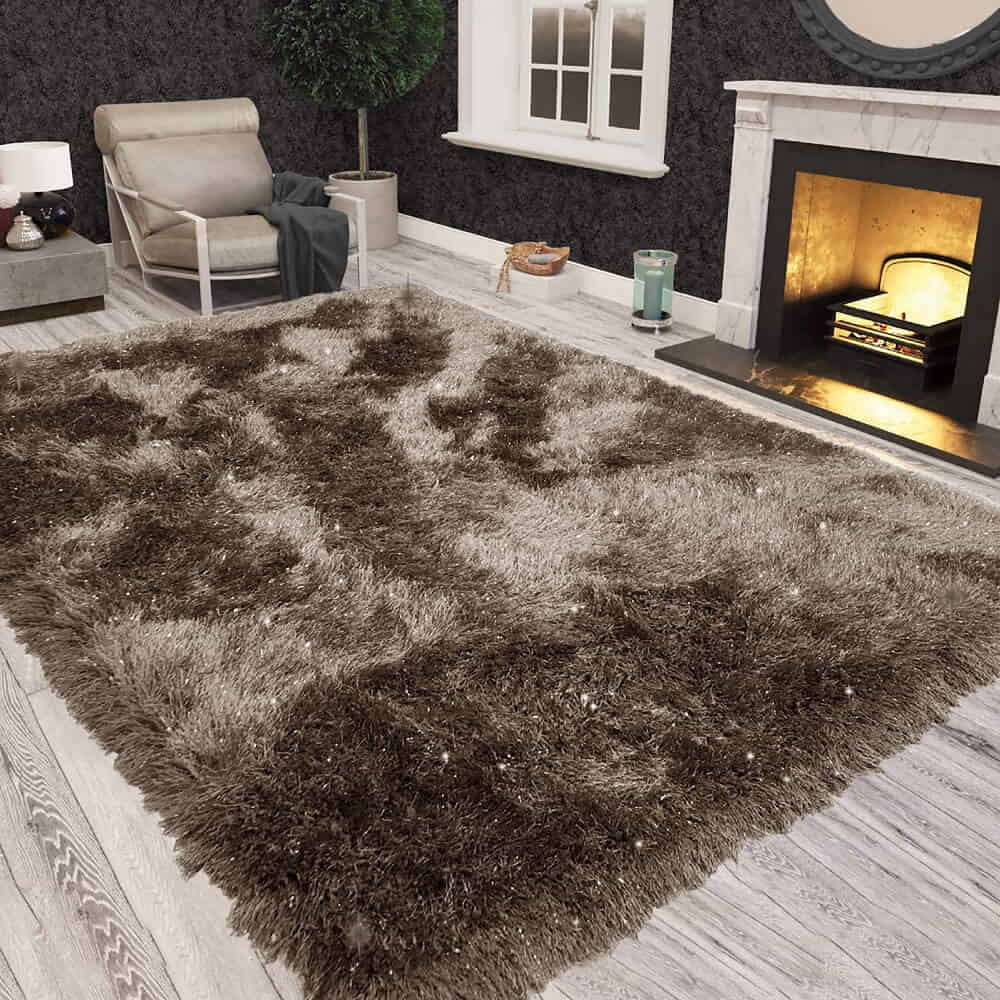 Shimmer Shaggy Fluffy Rugs Brown (Nat)
